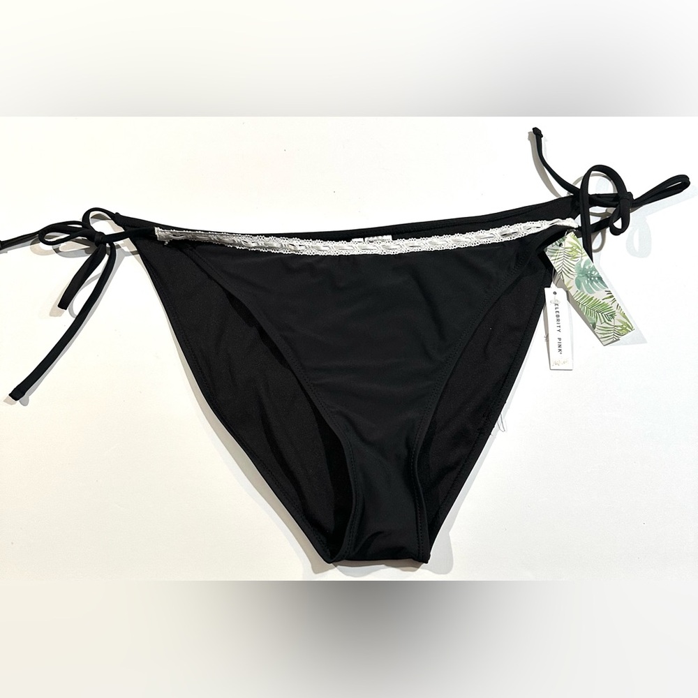 NEW Celebrity Pink Women's Swim Side Tie Bikini Bottom Black w/Lace - Picture 10 of 12